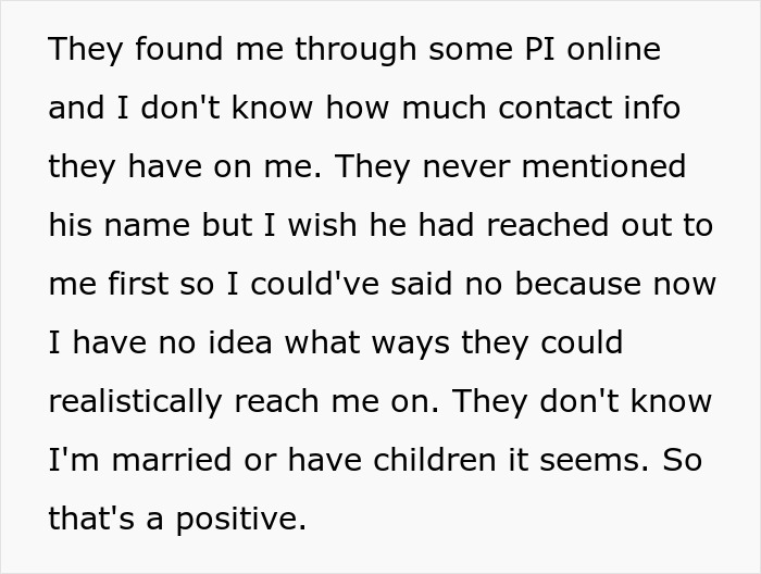 Text excerpt discussing a man&rsquo;s birth family tracking him down online and his reluctance to engage with them.