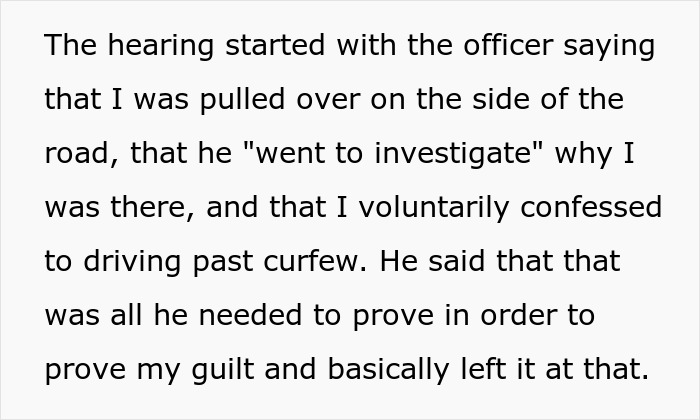 Text excerpt from a legal hearing where an 18YO discusses being pulled over and receiving a curfew violation ticket.