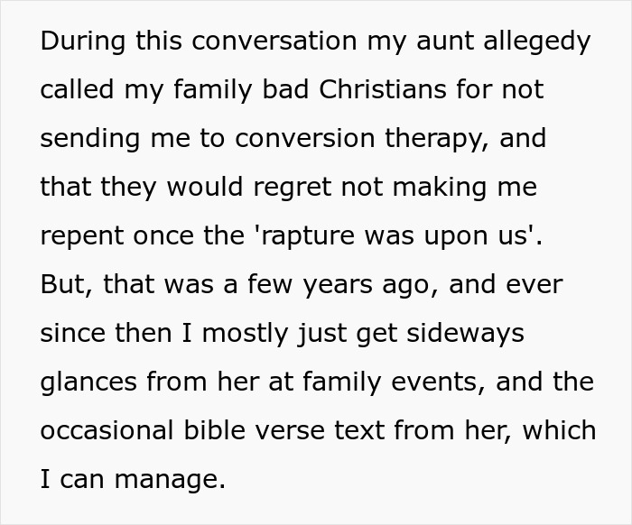 Text excerpt discussing family tensions around Christian rapture beliefs and regrets involving money and repentance.