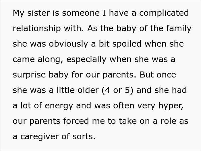 Text detailing a 19-year-old forced to be a parent to younger sister, feeling irked as brother is not expected to help.