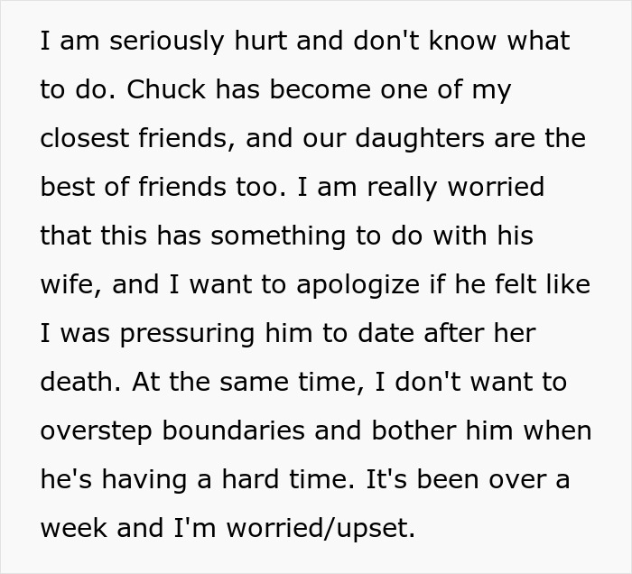 Text excerpt expressing worry and hurt from a woman setting up a widow and single mom for a date.