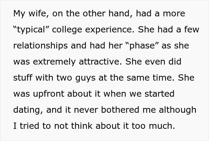 Text excerpt describing a husband reflecting on his wife's past relationships and intimacy boundaries in marriage.