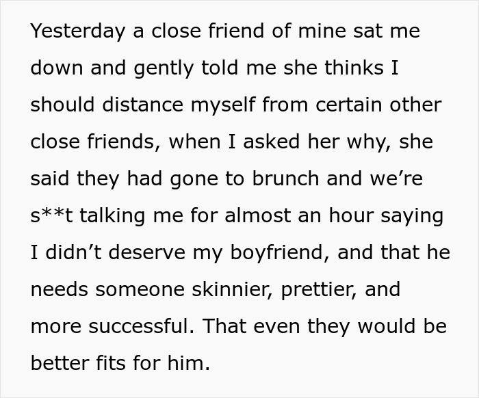 Text describing a woman devastated after friends say her model boyfriend is out of her league and she doesn't deserve him.