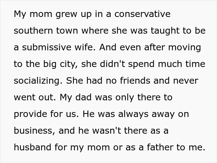 Text about a conservative mom and distant dad in a family struggling with an open marriage situation.