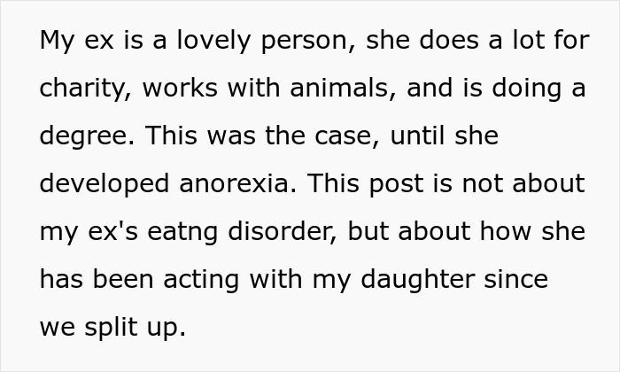 Text excerpt discussing ex&rsquo;s eating disorder and its impact on daughter mimicking comments about bread at age three.