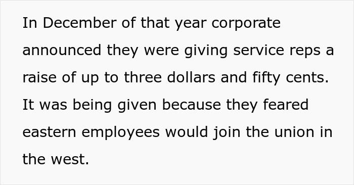 Text excerpt about corporate announcing raises to service reps fearing unionizing, related to employee raises.