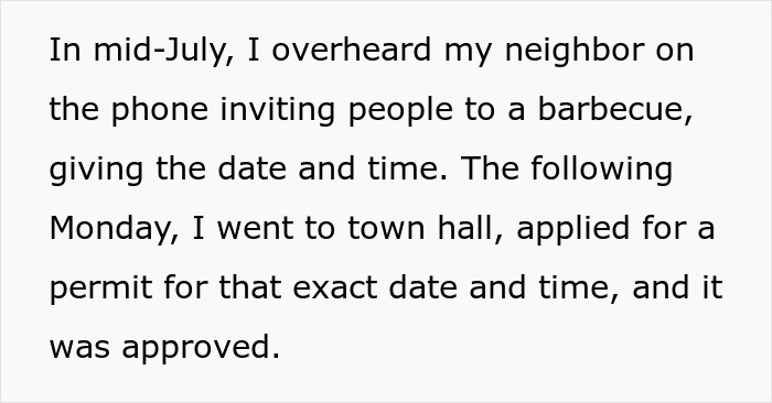 Text excerpt describing a neighbor obtaining a permit for a barbecue after overhearing an invitation. Text excerpt describing a neighbor obtaining a permit for a barbecue after overhearing an invitation.