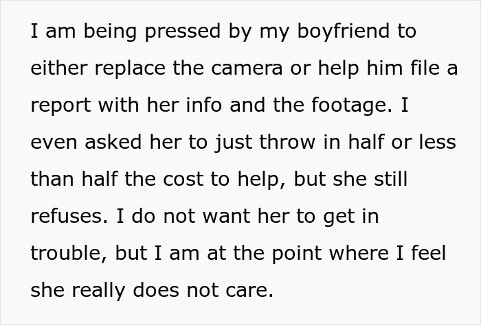 Text discussing a man confronting a friend who stole his boyfriend&rsquo;s camera and her refusal to help cover the cost.