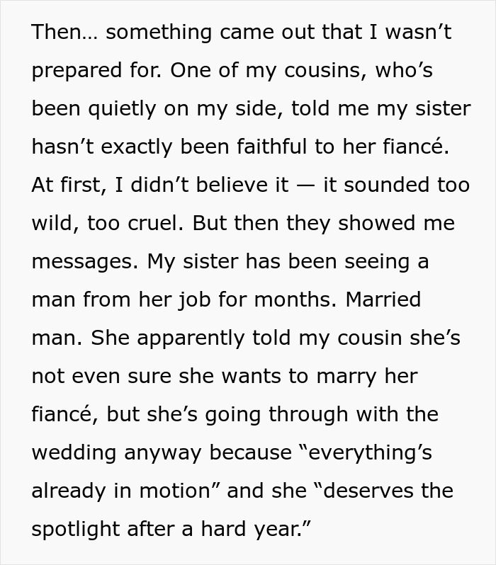 Text excerpt about a woman confronting her sister who refuses to gift $30K for a wedding payment conflict.