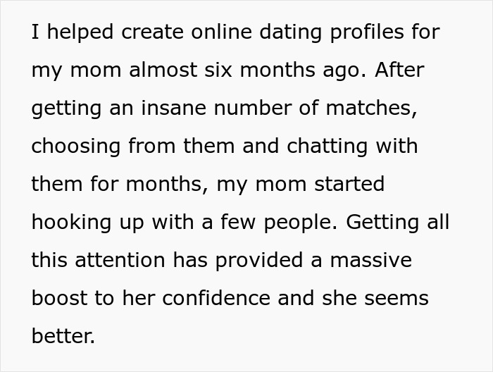 Text describing a personal story about a mom&rsquo;s experience with online dating and the impact on her confidence.