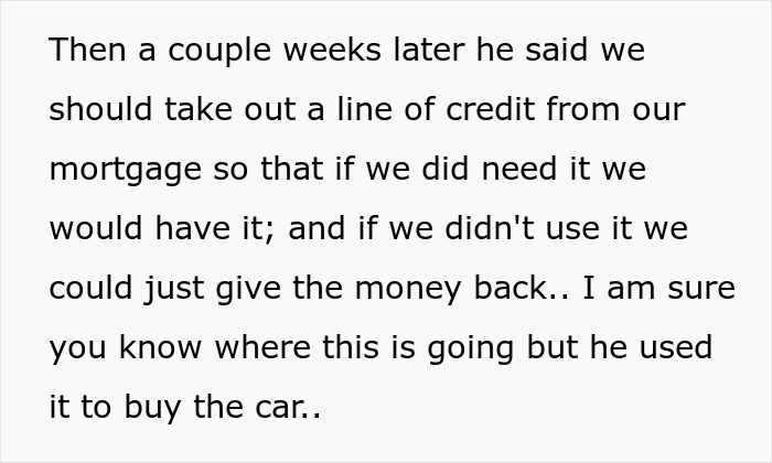 Text about hubby prioritizing luxury vehicle, taking out mortgage credit line, involving MIL in car purchase plans.