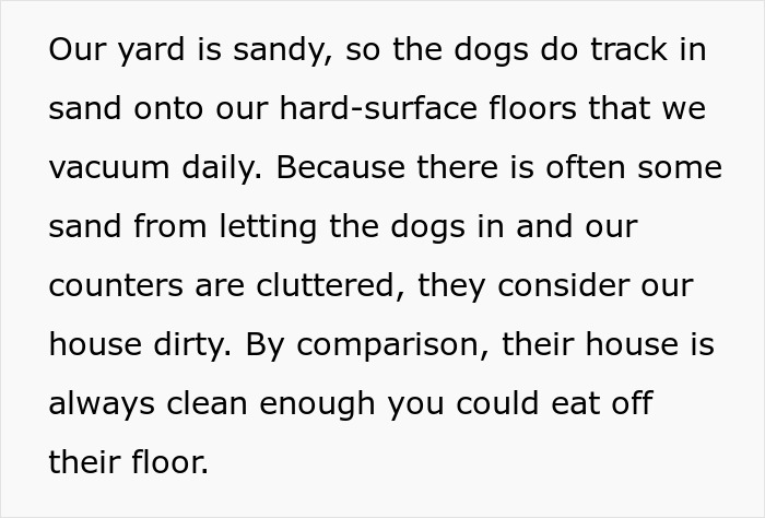 Text excerpt discussing concerns about dogs tracking sand indoors and family disapproval over cleanliness in the house.