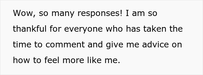Text on a gray background expressing gratitude for responses and advice on feeling more like oneself, highlighting hurt working mom struggles.