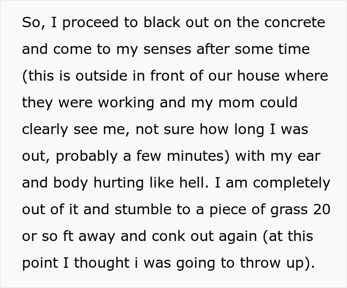 Text excerpt describing a teen fainting and hurting herself, in tears after mom doubts the fall was real.