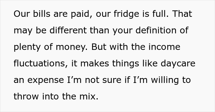 Text about a hurt working mom feeling misunderstood by an ignorant husband over financial and daycare concerns.