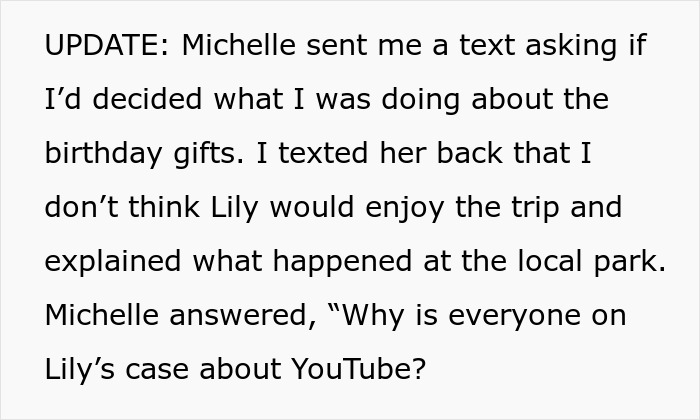 Text message update about sister accusing favoring nephew and niece regarding birthday gifts and YouTube comments.