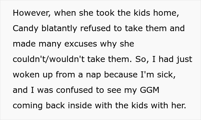 Text screenshot describing a woman taking kids home while Candy refuses to take them, causing confusion and tension between sisters.