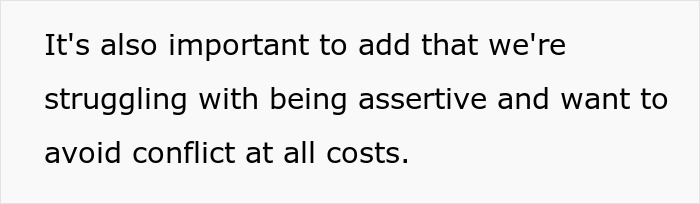 Text excerpt about struggling with assertiveness and avoiding conflict, reflecting themes of cheap MIL bullying with spoiled food.