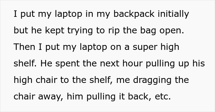 Text about a kid trying to access and damage a babysitter&rsquo;s laptop, causing concern about replacement.