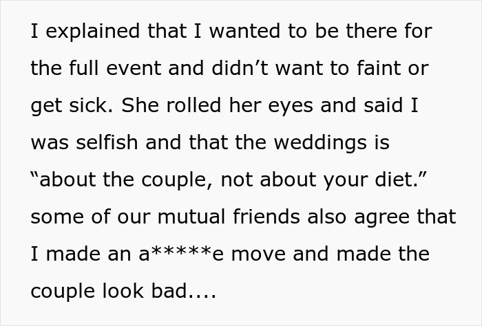 Text excerpt showing a wedding conflict about accommodating a friend&rsquo;s diet and the drama that follows.