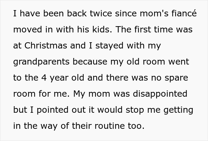 Text excerpt about mom trying to recruit 20-year-old son to care for fiancé’s disabled daughter and his refusal. Text excerpt about mom trying to recruit 20-year-old son to care for fiancé’s disabled daughter and his refusal.