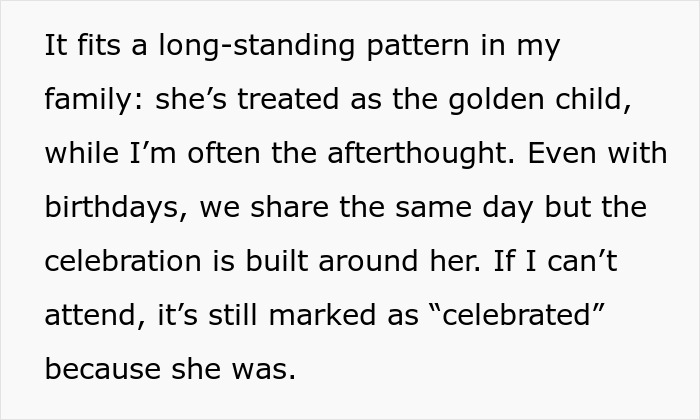 Text excerpt describing family favoritism and birthday celebrations highlighting a bride's struggle with twin dynamics.