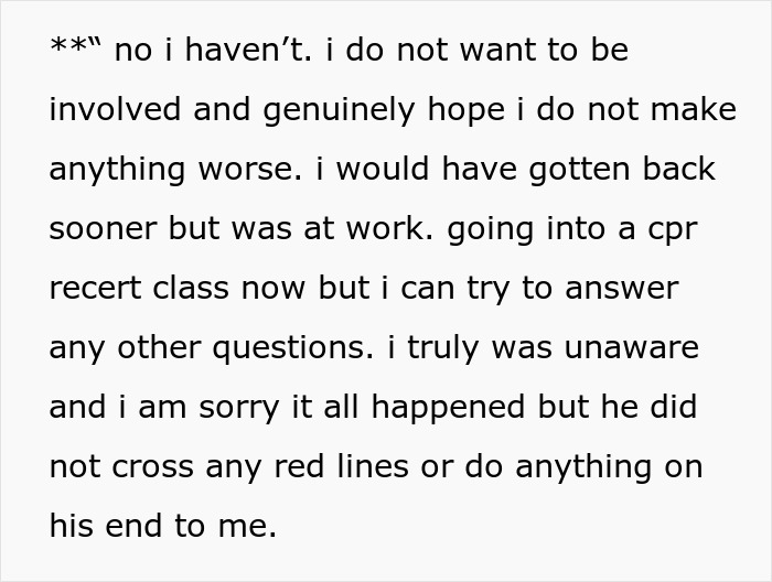 Text message conversation explaining unawareness of events and mentioning CPR recertification, related to found another woman valentine card.