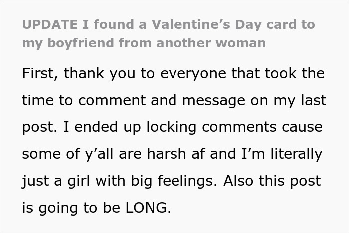 Text discussing finding a Valentine card to a boyfriend from another woman, expressing emotional distress.