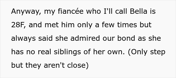 Text excerpt from a breakup story where a man discusses his fiancée and his late brother’s bond. Text excerpt from a breakup story where a man discusses his fiancée and his late brother’s bond.