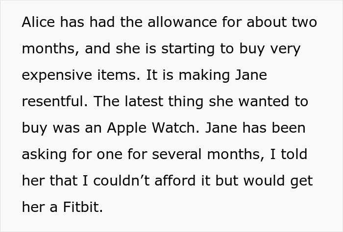 Text about mom telling daughter she can&rsquo;t buy items deemed too expensive to keep fairness between siblings.