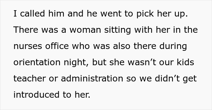 Text excerpt describing a woman upset about school staff actions, mentioning possible CPS involvement and communication issues. Text excerpt describing a woman upset about school staff actions, mentioning possible CPS involvement and communication issues.