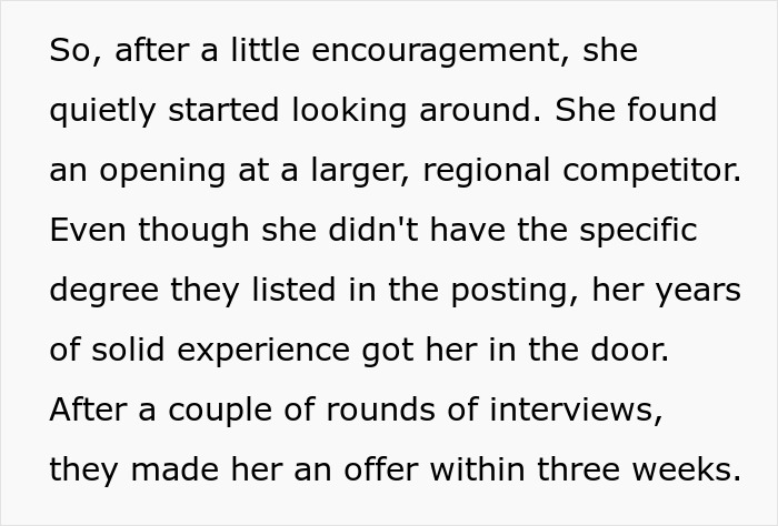 Text excerpt describing a job search and hiring process, highlighting experience over degree in a regional competitor. Text excerpt describing a job search and hiring process, highlighting experience over degree in a regional competitor.