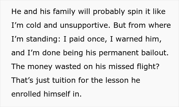 Text excerpt explaining a man expects wife to rescue him after missing his flight and receives a lesson instead.