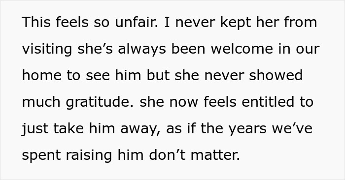 Text discussing a mom wanting her baby back after 8 years, feeling unfair about the situation and entitlement.