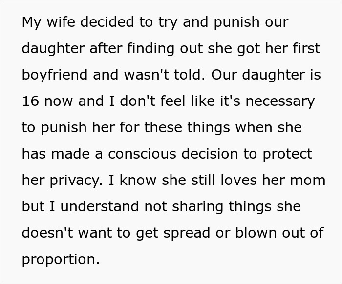 Text explaining telling wife why daughter doesn&rsquo;t trust after privacy breach and parental punishment concerns.