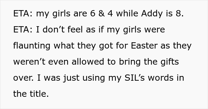 Text discussing a mother explaining her daughters' ages and addressing comments about Easter gifts and her sister-in-law.