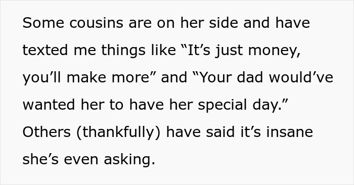 Woman uninvites sister from wedding after she refuses to gift $30K to help pay for it, causing family conflict.
