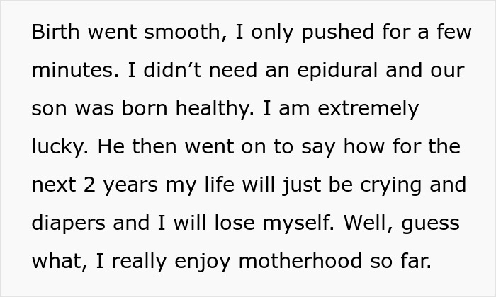 Text excerpt about smooth birth and enjoying motherhood despite husband's negative attitude toward how easy life is for wife. Text excerpt about smooth birth and enjoying motherhood despite husband's negative attitude toward how easy life is for wife.