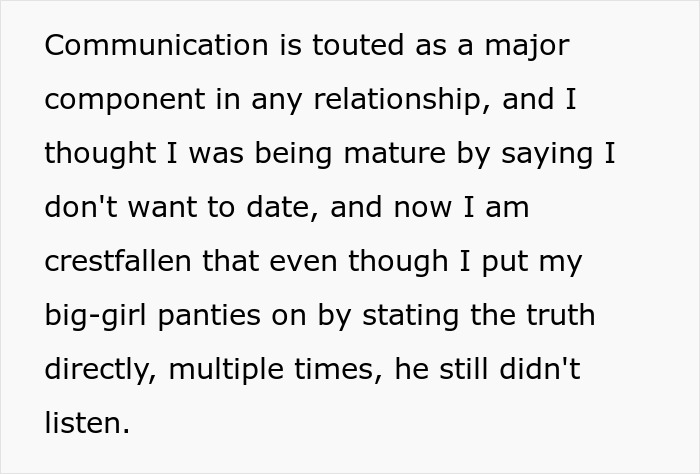 Text about communication issues in a relationship where a woman is upset after a guy assumes she's his girlfriend after one date.