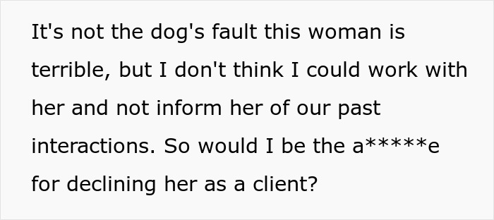 Text excerpt showing a woman’s dilemma after adopting a dog with behavior issues against animal shelter advice. Text excerpt showing a woman’s dilemma after adopting a dog with behavior issues against animal shelter advice.