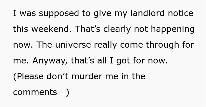 Humorous found another woman Valentine card text about not giving landlord notice and universe coming through.