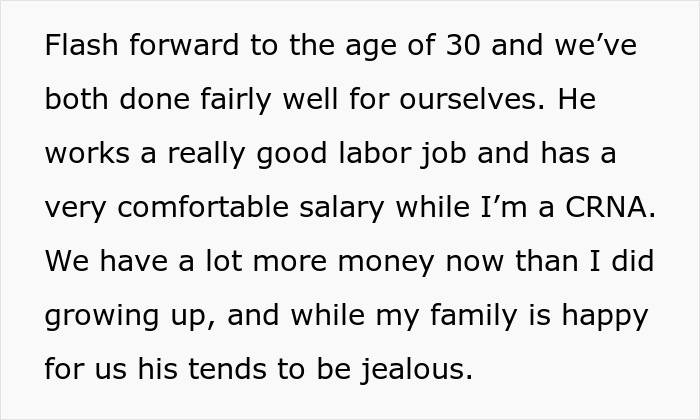 Text discussing financial success and jealousy, relating to family dynamics and Easter gifts controversies.