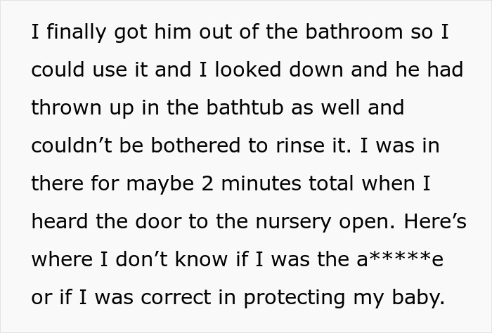 Text describing mom’s concern about husband’s behavior in nursery, realizing a real problem and planning an exit. Text describing mom’s concern about husband’s behavior in nursery, realizing a real problem and planning an exit.