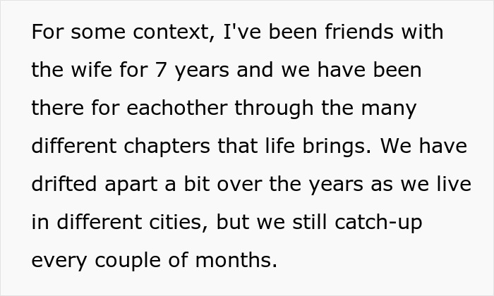 Text excerpt discussing a long-term friendship and catching up despite living in different cities about friends husband dating.