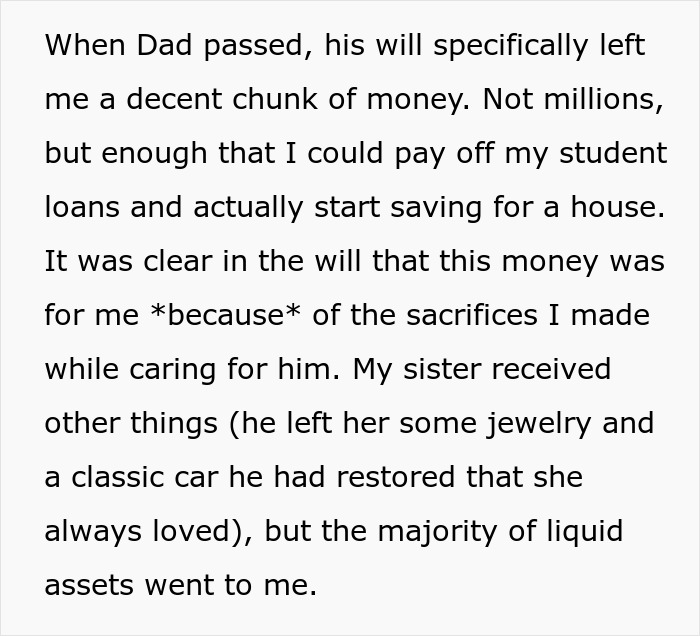 Text about inheritance and money left to a woman, highlighting family disputes over financial gifts and wedding costs.