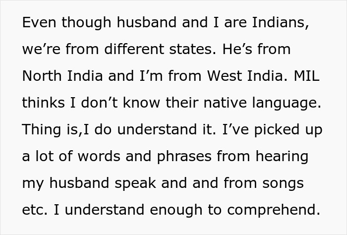 Text describing understanding husband parents native language despite different Indian states and exposure through speech and songs.