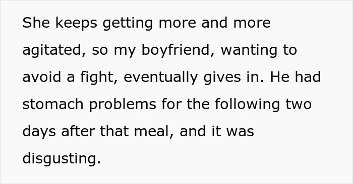 Text excerpt about a cheap MIL feeding spoiled food to son and girlfriend, causing stomach problems and disgust.