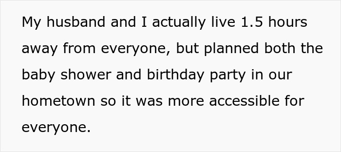 Text on a white background explaining living 1.5 hours away but planning baby shower and birthday party in hometown for accessibility.