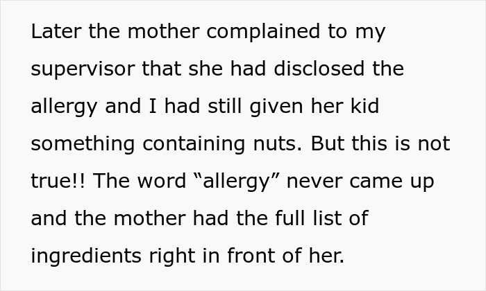Text describing a kid with nut allergy grabbing a sample and a worker being blamed for giving it to him. Text describing a kid with nut allergy grabbing a sample and a worker being blamed for giving it to him.