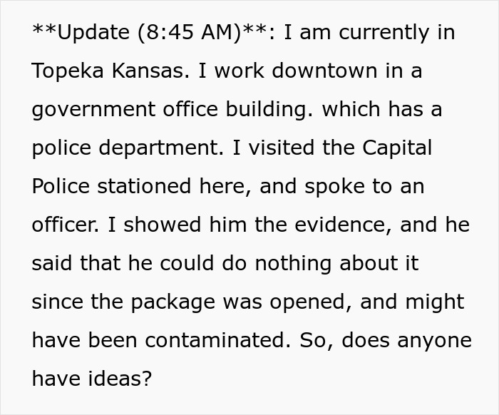Text update mentioning a police visit and evidence discussion related to mother poisoned me concerns in Topeka Kansas.